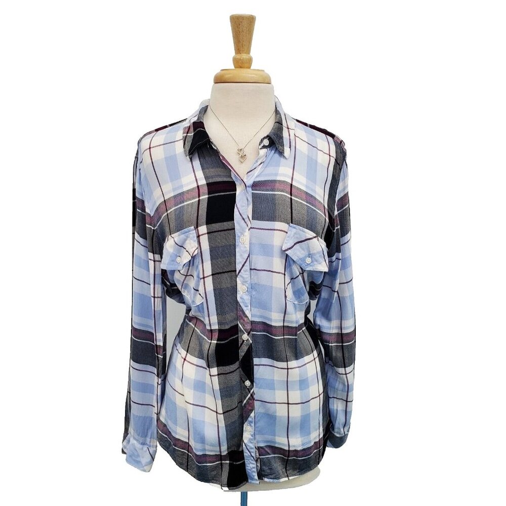 Maison Jules Blue Plaid Button Up Long Sleeve Shirt Blouse Top Womens Size‎ 2XL
